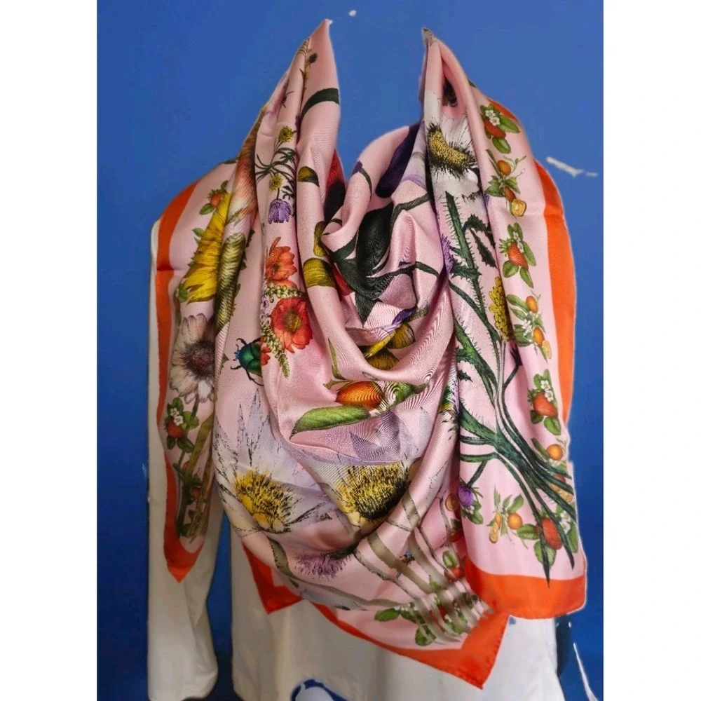 Texas wildflower Silk scarf, bluebonnet Bug Botanical Pink orange Souvenir Large